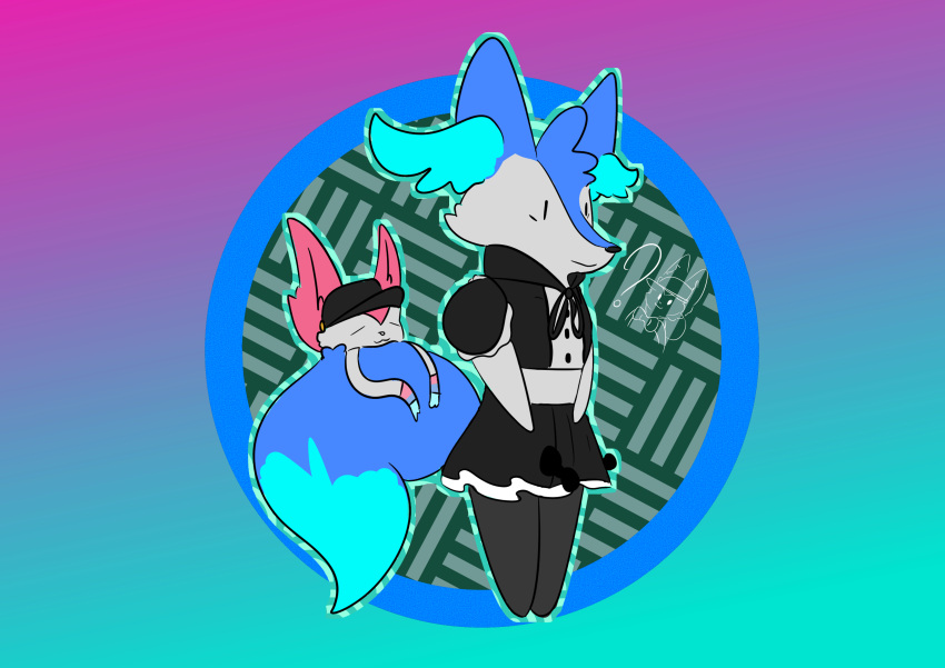 ? absurd_res ambiguous_gender anonymous_artist anthro biped black_body black_fur blue_body blue_fur braixen canid canine celandine clothed clothing digital_media_(artwork) duo eeveelution fur hat headgear headwear hi_res inner_ear_fluff inside_tail maid_uniform male mammal multicolored_body multicolored_fur multicolored_tail nintendo pink_body pok&eacute;mon pok&eacute;mon_(species) reggie_minora_(character) ribbons simple_background smile sylveon tuft two_tone_tail uniform video_games white_body white_fur
