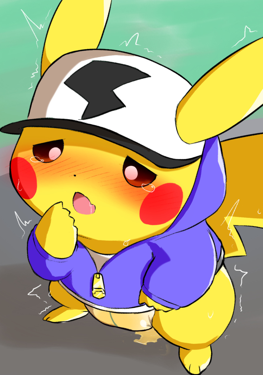 ambiguous_gender anthro blush bodily_fluids clothed clothing diaper fully_clothed fur genital_fluids hat headgear headwear hi_res hip-hop_style_pikachu hoodie leaking_diaper long_ears looking_down milklemon5127 nintendo outside peeing pikachu pok&eacute;mon pok&eacute;mon_(species) pokemon_unite semi-anthro shaking solo tears topwear trembling urine urine_pool video_games wet_diaper wetting white_diaper yellow_body yellow_fur