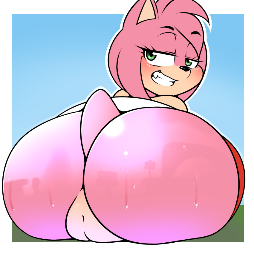 1:1 2021 amy_rose anthro big_butt black_nose blush bodily_fluids butt cleft_of_venus clothing digital_media_(artwork) eulipotyphlan eyelashes female genitals green_eyes hair hedgehog hi_res huge_butt kloudmutt looking_at_viewer looking_back looking_back_at_viewer mammal pink_body pink_hair pussy sega smile solo sonic_the_hedgehog_(series) sweat teeth