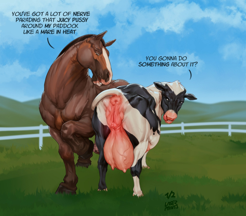 2021 anatomically_correct animal_genitalia animal_pussy anus big_udders black_body black_fur blue_sky bovid bovine bovine_pussy brown_body brown_fur cattle cloud detailed_background digital_media_(artwork) digital_painting_(artwork) duo english_text equid equine female fence feral fur genitals grass hill hooves horse imminent_sex interspecies laser_(artist) licking licking_lips male mammal outside penis plant pussy quadruped rear_view shaded signature sky standing teats text tongue tongue_out udders vein veiny_teats veiny_udders white_body white_fur