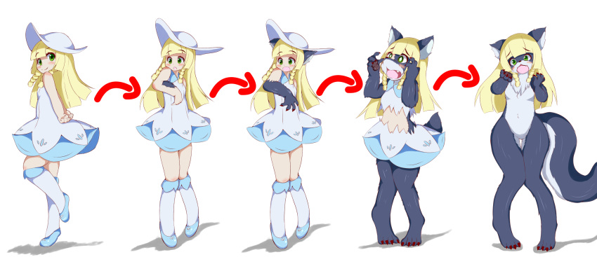 2021 alternate_species anthro blonde_hair blush braided_hair breasts canid clothing conohacoconoka cute_fangs dress female footwear hair hat headgear headwear hi_res human human_to_anthro kemono lillie_(pok&eacute;mon) looking_at_viewer mammal naturally_censored nintendo nude on_one_leg open_mouth pok&eacute;mon sequence shoes simple_background smile solo species_transformation standing surprise torn_clothing transformation video_games white_background
