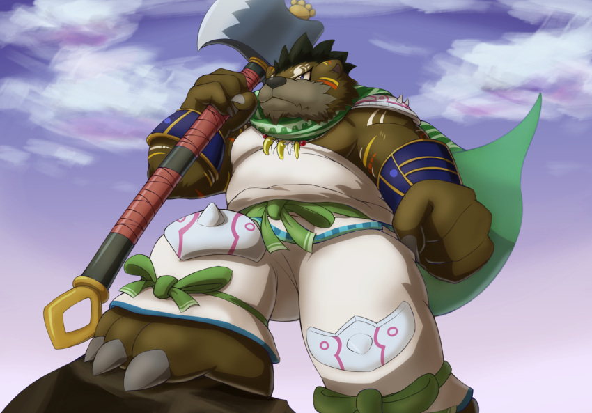 2021 anthro bottomwear brown_body brown_fur cape clothing fur humanoid_hands kemono kuremura62213 male mammal musclegut outside pants sengoku_puzzle solo takefurukuma ursid video_games weapon