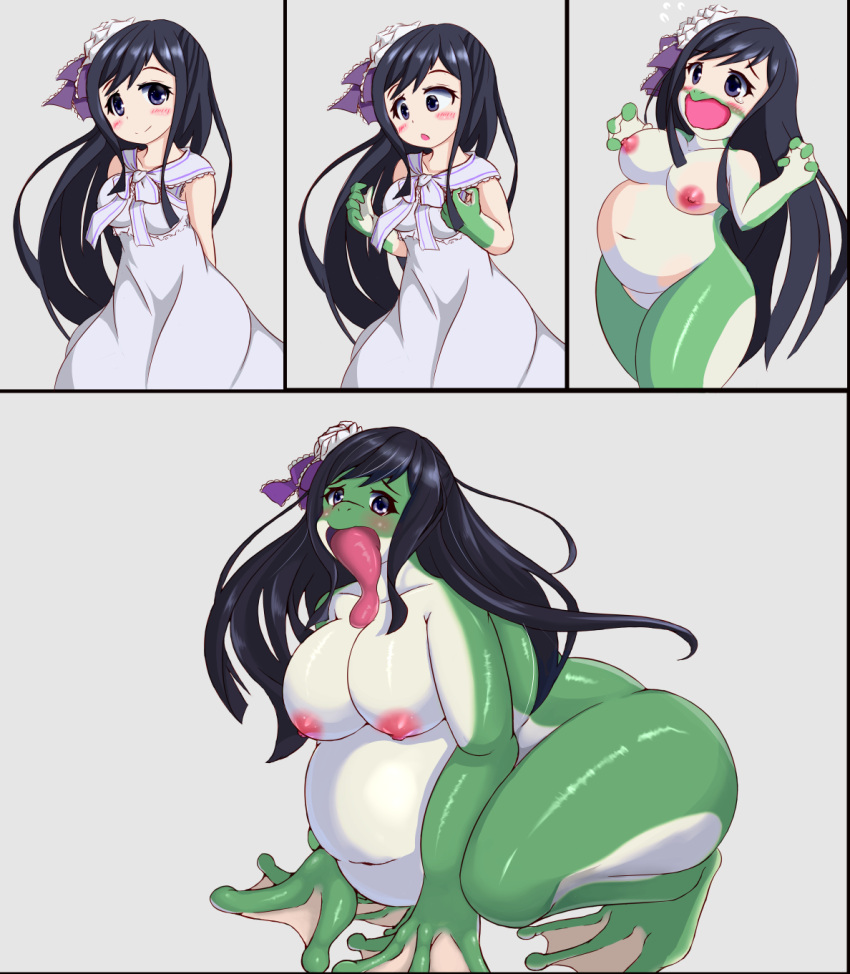 2021 amphibian anthro big_breasts black_hair breast_expansion breasts clothing conohacoconoka dress expansion female frog green_body hair hi_res human human_to_anthro looking_at_viewer mammal membrane_(anatomy) navel nipples nude overweight overweight_female simple_background smile solo species_transformation surprise tongue tongue_expansion tongue_out transformation webbed_feet webbed_hands weight_gain white_background