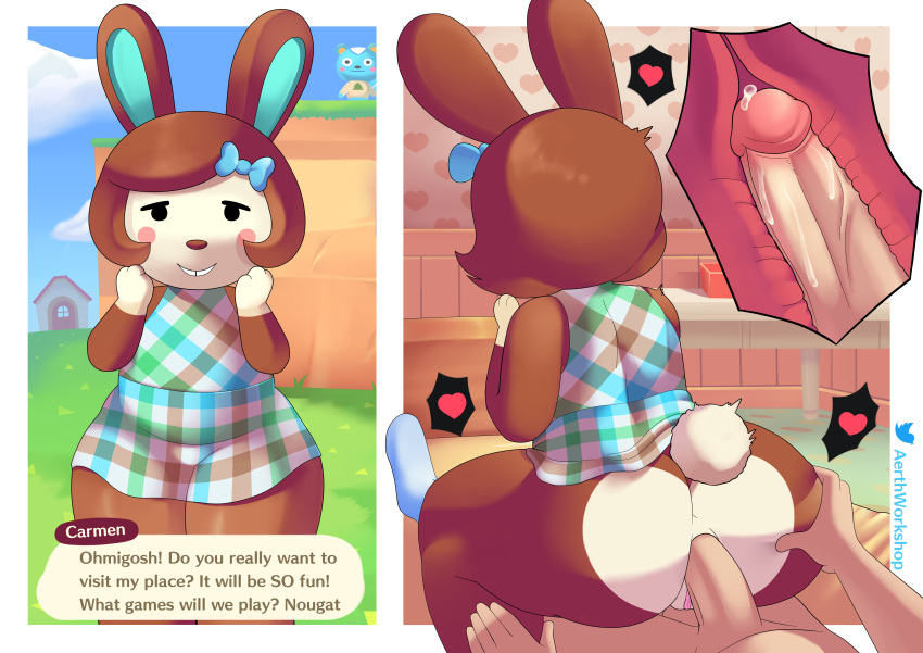 &lt;3 absurd_res aerth anal anal_penetration animal_crossing anthro anthro_penetrated arms_bent bodily_fluids body_part_in_ass bottomless butt butt_grab calf_grab carmen_(animal_crossing) clothed clothing comic cum cutaway detailed_background duo english_text faceless_character faceless_male female female_on_human female_penetrated filbert_(animal_crossing) first_person_view from_behind_position genital_fluids genitals hand_on_another's_butt hand_on_butt hand_on_calf hand_on_leg hand_on_thigh heart_pattern heart_reaction heart_wall hearts_around_body hi_res human human_on_anthro human_penetrating human_penetrating_anthro internal internal_anal interspecies lagomorph leg_grab leporid looking_at_viewer lying male male/female male_on_anthro male_penetrating male_penetrating_female male_pov mammal nintendo on_back on_bottom on_top pattern_wall penetration penile penile_penetration penis penis_in_ass rabbit raised_hand reverse_cowgirl_position sex smile text text_box tucked_arms video_games wall_(structure)
