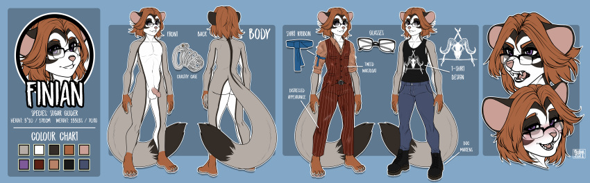 absurd_res anthro boots chastity_cage chastity_device clothing eyewear finian_wren footwear genitals glasses hair hi_res long_hair male mammal marsupial model_sheet penis petaurid phalangeriform ruolina small_penis solo sugar_glider suit