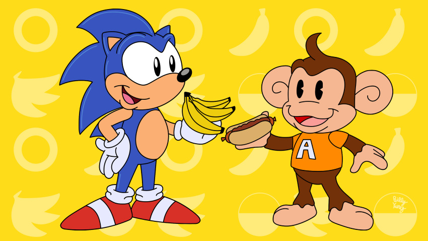 16:9 2021 :d abstract_background adventures_of_sonic_the_hedgehog aiai anthro banana barefoot big_ears black_eyes black_nose blue_body blue_ears bottomless bottomless_anthro bottomless_male brown_body brown_fur brown_hair chilli_dog clothed clothing crossover duo english_text eulipotyphlan eye_contact featureless_crotch feet food footwear fruit fur gloves hair handwear haplorhine happy hedgehog hi_res holding_food holding_object looking_at_another male mammal monkey multicolored_body nude open_mouth pink_tongue plant primate quills raised_arm ring round_ears sega shirt shoes simple_background slysonic smile socks sonic_the_hedgehog sonic_the_hedgehog_(series) standing super_monkey_ball tan_body tan_ears tan_skin text tongue toony topwear video_games widescreen yellow_background