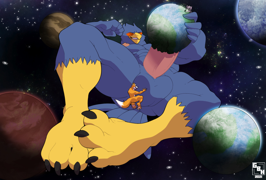 anthro avian canid canine canis erection falco_lombardi fox fox_mccloud genitals giantboonehusky_(artist) giga hi_res macro male mammal micro nintendo penis planet planet_penetration space star_fox video_games wolf wolf_o'donnell worship
