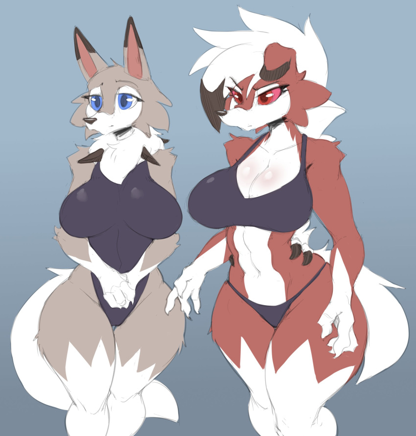 2021 anthro big_breasts bikini blue_eyes breasts clothing cooliehigh duo female hi_res lycanroc midday_lycanroc midnight_lycanroc navel nintendo one-piece_swimsuit pok&eacute;mon pok&eacute;mon_(species) pok&eacute;morph red_eyes swimwear video_games