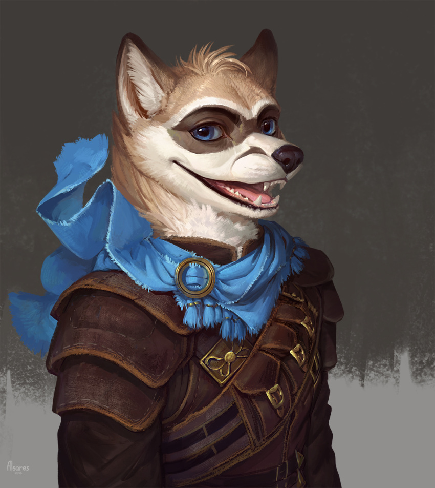 alsares anthro black_nose blue_eyes canid canine canis clothed clothing facial_markings fangs fender fur head_markings hi_res looking_at_viewer male mammal markings mask_(marking) portrait solo tan_body tan_fur wolf