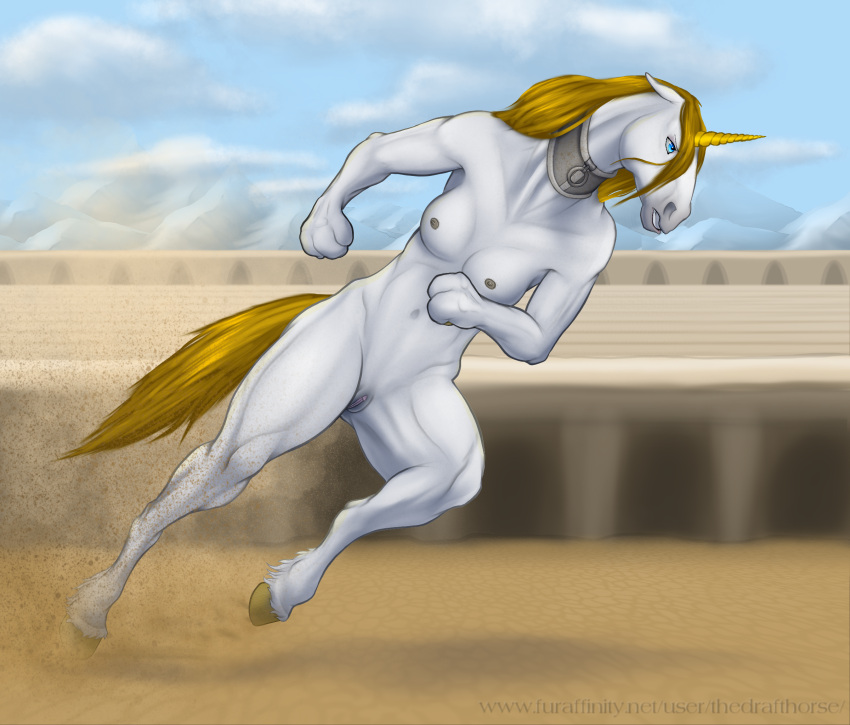 2019 anthro arena black_nipples blonde_hair blue_eyes charge cloud collar collar_only day determined equid equine fates_of_the_unicorns female fur genitals hair hi_res horn mammal mountain muscular muscular_female nipples nude outside pussy running sky solo stadium tamira_(dragontalon) text the_draft_horse unicorn url white_body white_breasts white_fur