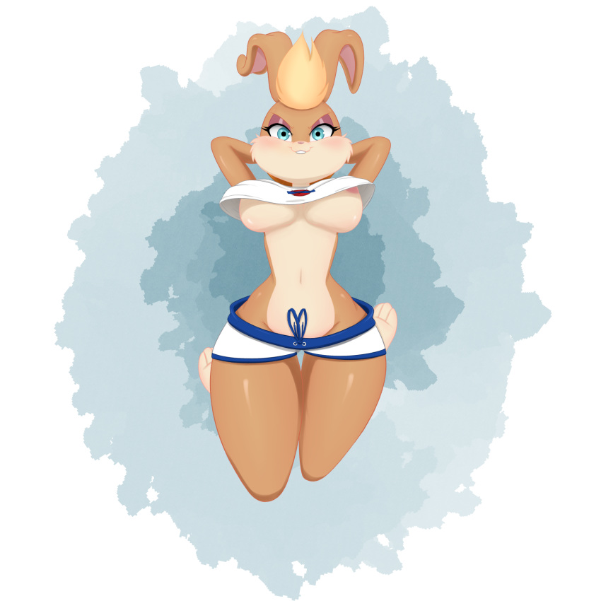 1:1 a_z_artist anthro ball basketball_(ball) big_breasts bottomwear breasts buckteeth clothed clothing female hands_behind_head hi_res jumping lagomorph leporid lola_bunny looking_at_viewer looney_tunes mammal nipple_slip rabbit raised_clothing raised_shirt raised_topwear shirt shorts smile solo teeth thigh_gap topwear under_boob warner_brothers