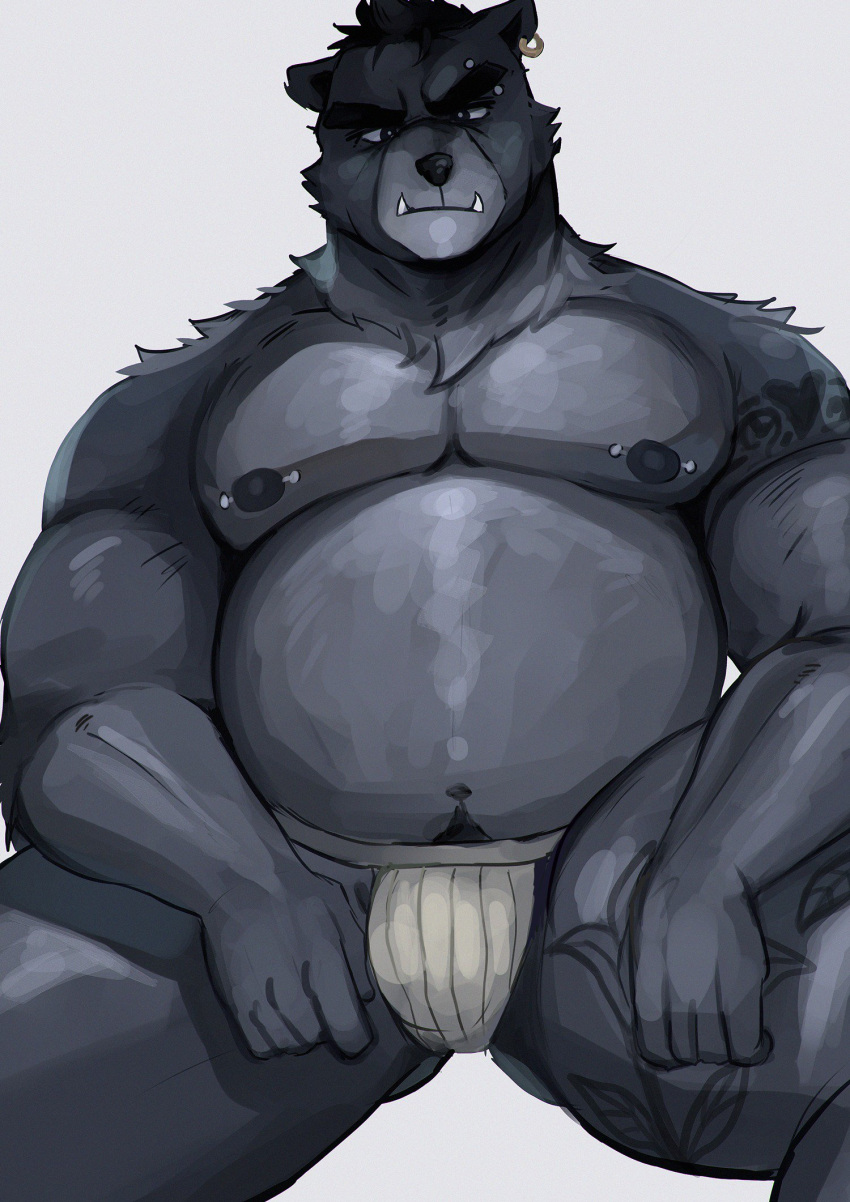 2019 anthro belly black_body black_fur black_nose bulge clothing cute_fangs fur hi_res humanoid_hands jockstrap male mammal moobs nipples overweight overweight_male ruslorc simple_background sitting solo tattoo underwear ursid