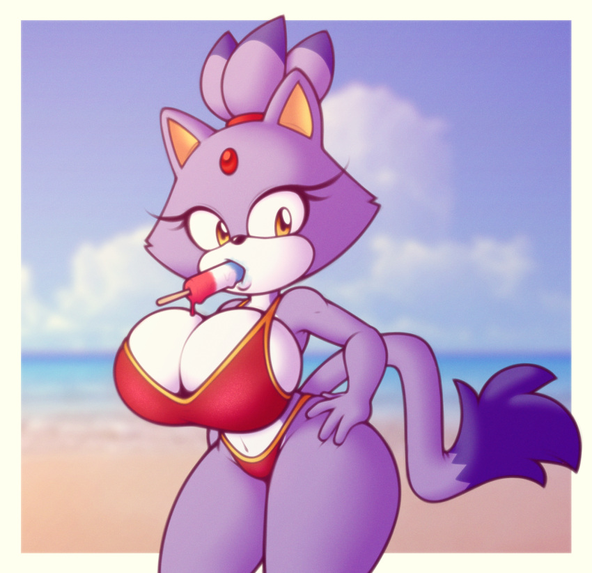 anthro beach bikini blaze_the_cat breasts cleavage clothed clothing domestic_cat felid feline felis female food fur hi_res mammal popsicle purple_body purple_fur seaside sega solo sonic_the_hedgehog_(series) stunnerpony swimwear