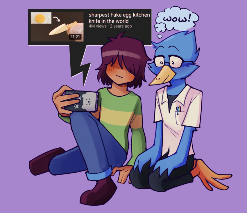 ambiguous_gender annoying_dog_(undertale) avian beak berdly bird blue_body blue_feathers blush bottomwear cellphone clothed clothing deltarune duo english_text eyewear feathers footwear fully_clothed glasses hi_res human knife kris_(deltarune) looking_at_cellphone looking_at_object looking_at_phone male mammal pants pen phone shirt shoes simple_background sitting text thought_bubble topwear unaloid undertale undertale_(series) video_games yellow_beak youtube