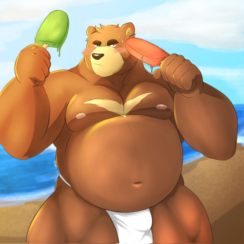 1:1 2021 anthro asian_clothing beach belly big_belly blush brown_body brown_fur bulge clothing east_asian_clothing fundoshi fur gomdepp hi_res humanoid_hands japanese_clothing juuichi_mikazuki kemono male mammal moobs morenatsu navel nipples outside overweight overweight_male seaside solo tan_body tan_fur underwear ursid video_games visual_novel water white_clothing white_fundoshi white_underwear