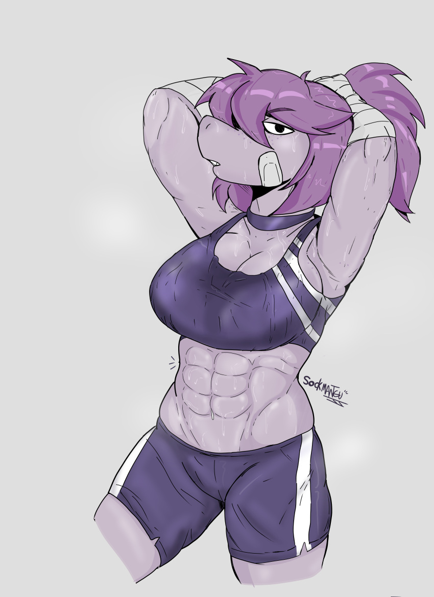 abs absurd_res anthro bandage bodily_fluids bottomwear bra clothing deltarune female freckles hair hair_over_eye hi_res looking_at_viewer muscular muscular_female one_eye_obstructed purple_hair reptile scalie shorts simple_background sockmantgu solo sports_bra susie_(deltarune) sweat tying_hair undertale_(series) underwear video_games