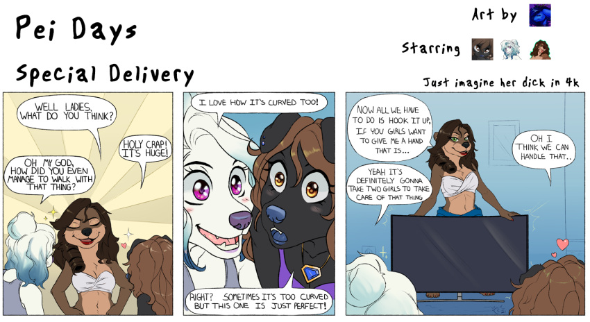 ambiguous_gender anthro canid canine cannoncrasher clothed clothing comic computer digital_media_(artwork) duo english_text female female/female group humor innuendo jessica_ainsley lutrine mammal mustelid open_mouth sherri_mayim simple_background smile text tongue video_games