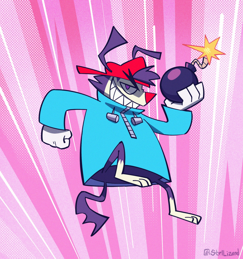 absurd_res animaniacs anime-aniacs anthro backwards_hat blue_clothing blue_jacket blue_topwear bomb clothing explosives hat headgear headwear hi_res inkblot jacket male mammal pink_background red_nose simple_background solo stellizard teeth topwear wakko_warner warner_brothers