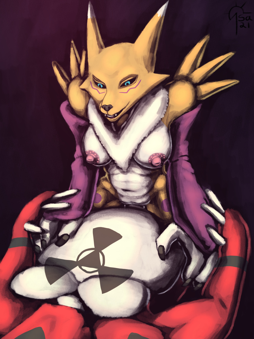 2021 abs absurd_res anthro bandai_namco black_sclera breasts canid canine claws cowgirl_position digimon digimon_(species) duo female fox from_front_position fur genitals guilmon hi_res male male/female mammal markings navel nipples nude on_bottom on_top penetration penis pussy renamon sacrificabominat sex sleeves tattoo vaginal vaginal_penetration white_body white_fur yellow_body yellow_fur