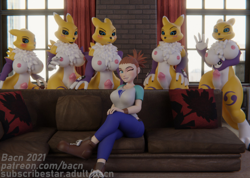 2021 3d_(artwork) anthro areola bacn bandai_namco big_breasts black_sclera blush breasts canid canine clothed clothing detailed_background digimon digimon_(species) digital_media_(artwork) erection female fox fur furniture genitals group gynomorph gynomorph/female hair human humanoid_genitalia humanoid_penis inside intersex intersex/female interspecies looking_at_viewer mammal meme nipples nude open_mouth partially_clothed penis piper_perri_surrounded renamon rika_nonaka sitting smile smiling_at_viewer sofa surprise white_body white_fur yellow_body