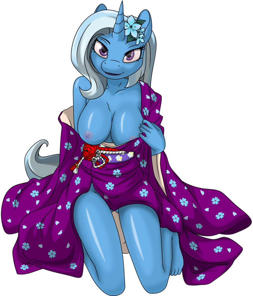 accessory alpha_channel anthro asian_clothing big_breasts breasts clothed clothing east_asian_clothing equid equine female flower flower_in_hair friendship_is_magic hair hair_accessory hasbro hi_res horn japanese_clothing kimono kneeling looking_at_viewer mammal my_little_pony plant simple_background smile solo topless trixie_(mlp) undressing unicorn up1ter