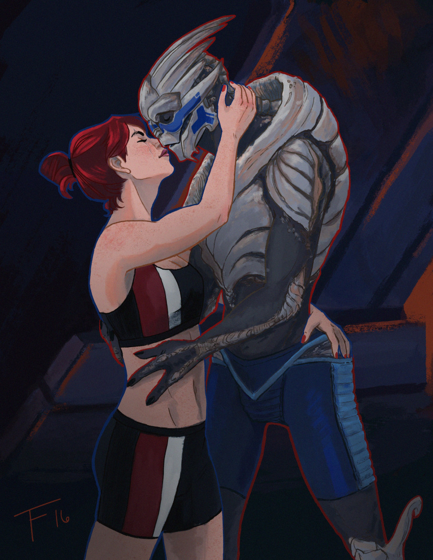 alien bodypaint clothing commander_shepard duo face_paint facial_scar female female_on_humanoid garrus_vakarian hand_behind_back hand_on_hip hand_on_neck hi_res human human_on_humanoid humanoid interspecies interspecies_relationship kissing larger_alien larger_male male male/female mammal mass_effect navel not_furry romantic romantic_couple scar size_difference smaller_female smaller_human standing thunderhead_fred turian underwear video_games
