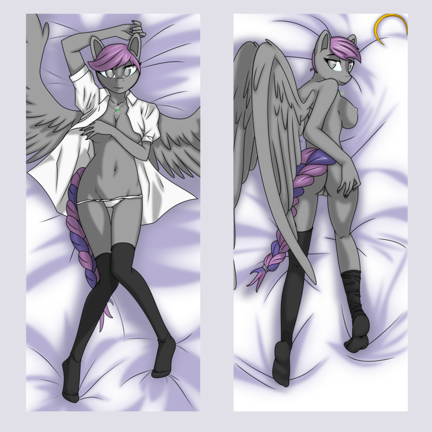 1:1 alpha_channel anthro bed_sheet bedding body_pillow_design braided_tail breasts butt clothed clothing equid equine female genitals hand_on_butt hasbro hi_res jewelry looking_at_viewer looking_back mammal my_little_pony necklace necklace_only nude open_clothing open_shirt open_topwear panties pegasus pussy shirt side_boob solo strategically_covered topwear underwear up1ter wings