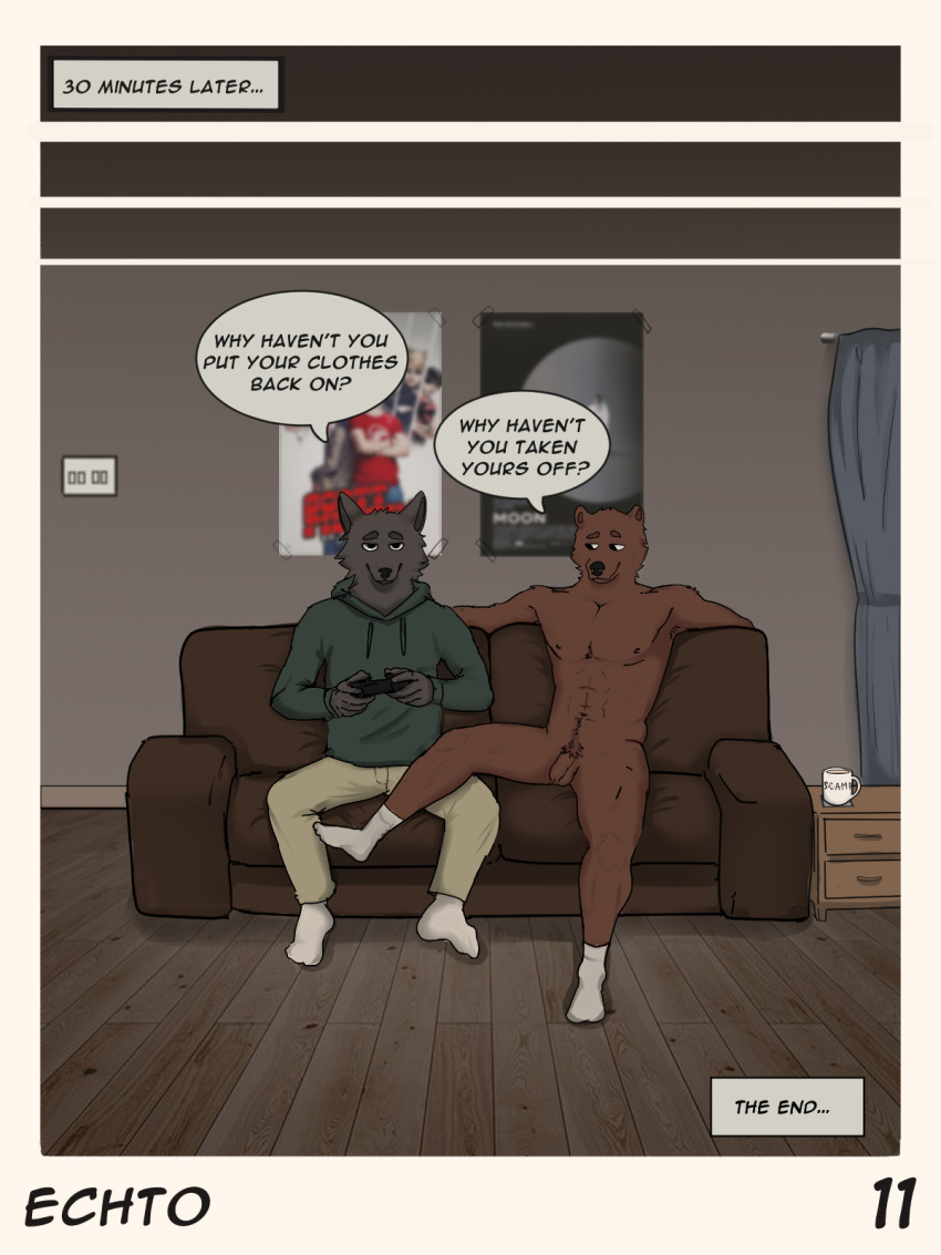 3:4 after_sex anthro canid canine canis casual_exposure casual_nudity clothed clothed/nude clothed_male_nude_male clothing comic dialogue duo echto english_text flaccid footwear footwear_only foreskin furniture gaming genitals hi_res hoodie humanoid_genitalia humanoid_penis male male/male mammal mostly_nude nude penis pubes socks socks_only sofa text topwear ursid wolf
