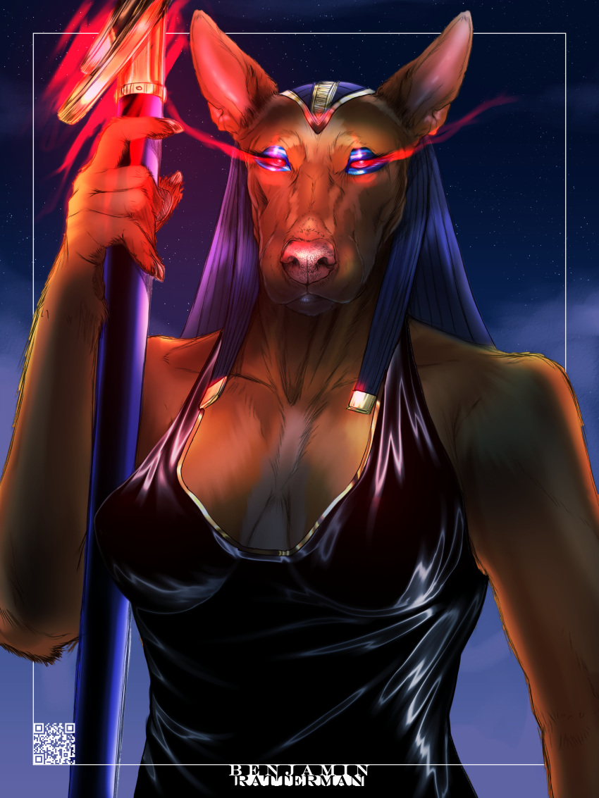 3:4 absurd_res anthro benjamin_ratterman big_breasts breasts canid canine canis clothing domestic_dog egyptian female glowing glowing_eyes headgear headwear hi_res looking_at_viewer makeup mammal night pharaoh_hound primitive_dog solo staff