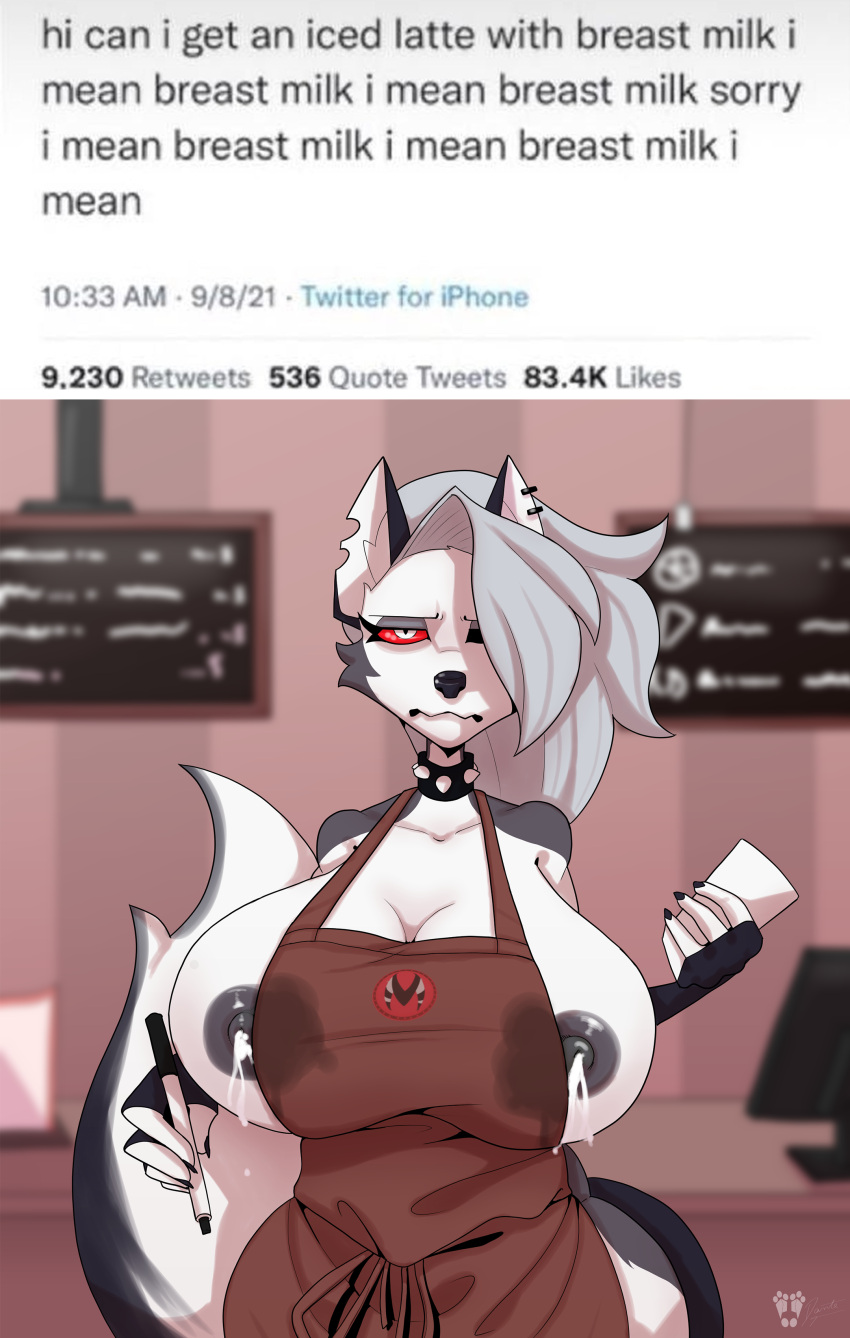 absurd_res angry annoyed anthro apron apron_only areola big_breasts black_areola black_nipples bodily_fluids breasts canid canid_demon clothed clothing collar container cringing cup demon ear_piercing english_text female hair hellhound helluva_boss hi_res i_mean_breast_milk itsdante lactating long_hair looking_at_viewer loona_(helluva_boss) mammal marker meme mostly_nude multicolored_body nipples partially_clothed piercing simple_background solo spikes text text_on_apron text_on_clothing thick_thighs