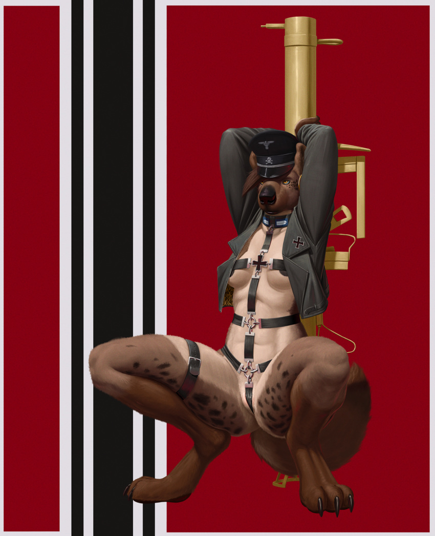 anthro bdsm big_butt bodily_fluids breasts butt canid canine claws clothed clothing collar cross digital_media_(artwork) female fur genital_fluids genitals german hair hat headgear headwear hi_res holding_object holding_weapon hyaenid iron_cross jacket leather leather_clothing leather_jacket leather_straps leather_topwear mammal nazi pinup pose pussy pussy_juice ranged_weapon simple_background small_breasts solo spots spotted_body spotted_fur spotted_hyena straps tall_lizzard_(artist) thick_thighs toe_claws topwear uniform weapon white_body white_fur wide_hips