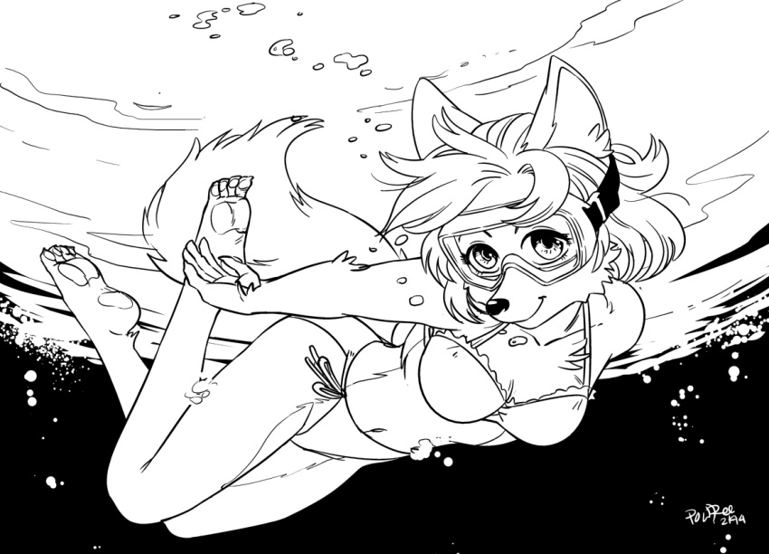 4_toes anthro barefoot bikini breasts canid canine canis claws clothing diving diving_mask feet female mammal mask monochrome okane_akemi pawpads paws plantigrade powree soles solo swimwear toes underwater water wolf
