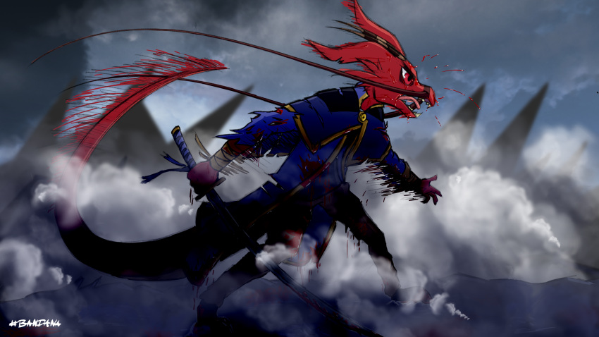16:9 4k absurd_res ambiguous_gender angry angry_eyes anthro asian_mythology attack bandana_(character) biped blood blue_clothing blue_coat blue_shirt blue_topwear bodily_fluids bottomwear clothed clothing cloud coat digital_media_(artwork) dragon dripping_blood east_asian_mythology eastern_dragon fight fighting_pose fingers footwear fur hi_res katana looking_at_another looking_away melee_weapon mythology open_mouth outside pose poundbandana red_body red_fur shadow shirt sky smoke solo storm sweat sweatdrop sword teeth tongue tongue_out topwear weapon widescreen