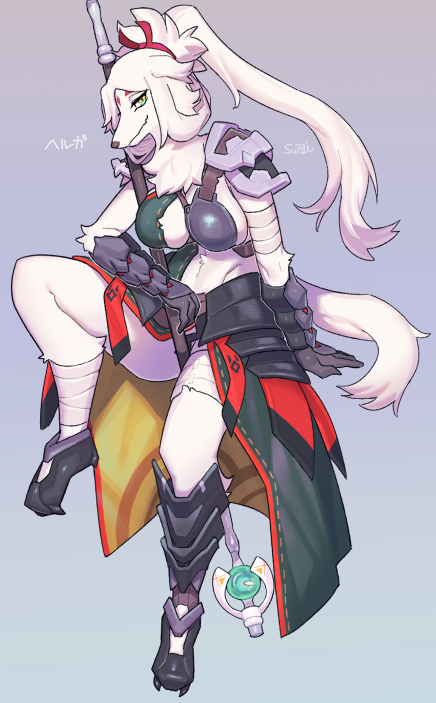 absurd_res anthro armor armwear big_breasts breasts canid canine canis clothed clothing digital_media_(artwork) domestic_dog female fur green_eyes hair helga_(world_flipper) hi_res japanese_text kemono legwear looking_at_viewer mammal shaded signature solo sususuigi text translated translated_description white_body white_fur white_hair world_flipper