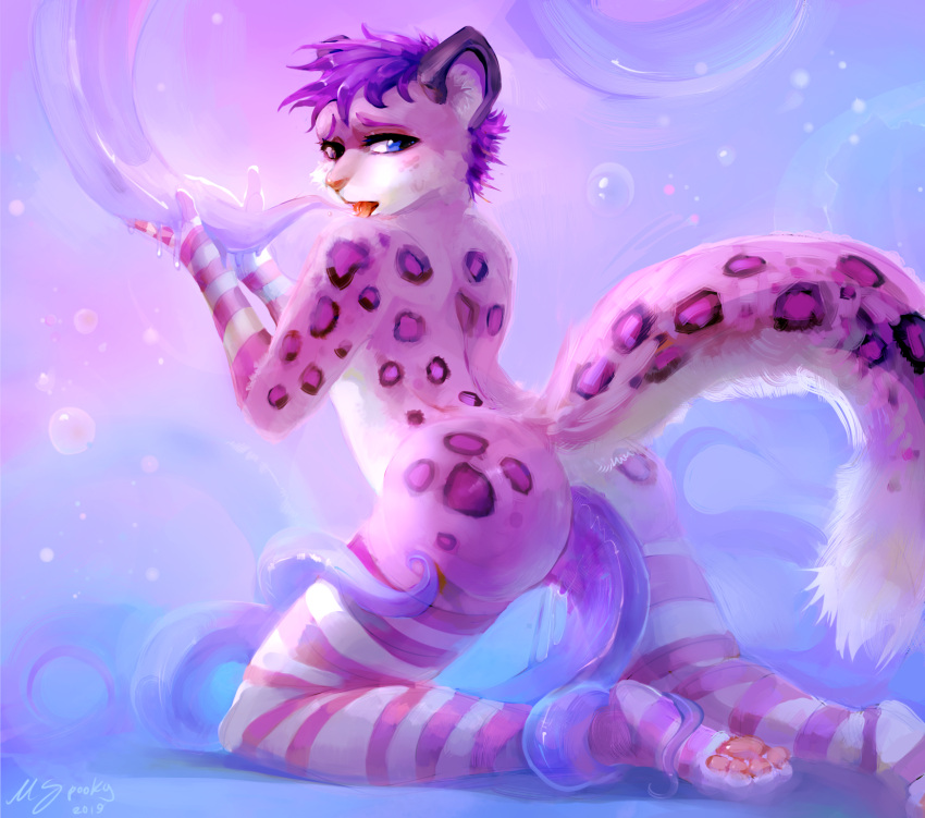 anthro big_tail bubble drewby_(drewby) felid fluffy fluffy_tail fur girly hi_res hurman male mammal pantherine pawpads paws pink_body pink_fur purple_body purple_fur slim snow_leopard solo tentacles