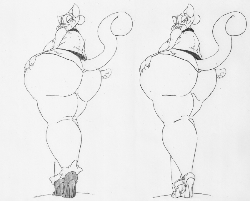 absurd_res anthro big_breasts breasts butt clothed clothing domestic_cat duo felid feline felis female footwear hi_res high_heels krocialblack looking_at_viewer mammal monochrome pink_body shima_luan shoes smile super_planet_dolan thick_thighs wide_hips