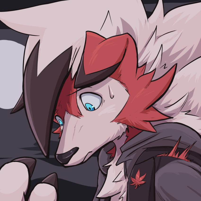 1:1 anthro black_nose blue_eyes bodily_fluids chest_tuft claws clothing dipstick_ears dipstick_hair finger_claws floppy_ears fur fur_growth growth hi_res implied_transformation looking_at_self lycanroc male mammal midnight_lycanroc multicolored_ears nintendo pok&eacute;mon pok&eacute;mon_(species) red_body red_fur shaded solo sweat torn_clothing toshabi tuft video_games white_body white_fur