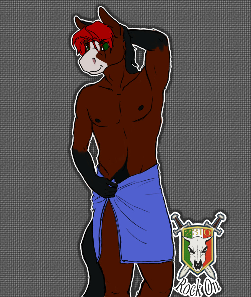 anthro clothed clothing dante_velzmor_(rockonvelzmor) equid equine green_eyes half_naked hand_behind_head hi_res horse looking_at_viewer male mammal rockonvelzmor simple_background smile smiling_at_viewer solo towel towel_only