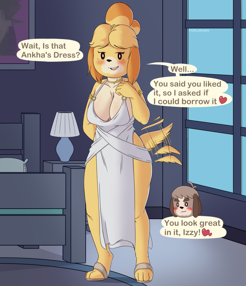 &lt;3 absurd_res animal_crossing anthro bed bedroom big_breasts blush breasts canid canine canis cleavage clothed clothing dialogue digby_(animal_crossing) domestic_dog dress duo english_text female footwear furniture heart_after_text hi_res isabelle_(animal_crossing) lamp male male/female mammal neck_ring nintendo porldraws sandals shih_tzu solo_focus speech_bubble tail_motion tailwag text text_with_heart toy_dog video_games