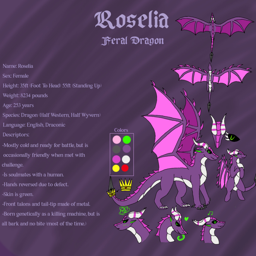 1:1 a_dragon's_tale_of_tails dragon english_text female feral green_eyes green_tongue hi_res horn metal model_sheet pink_horn random_dragon_lover roselia_(adtot) solo text tongue