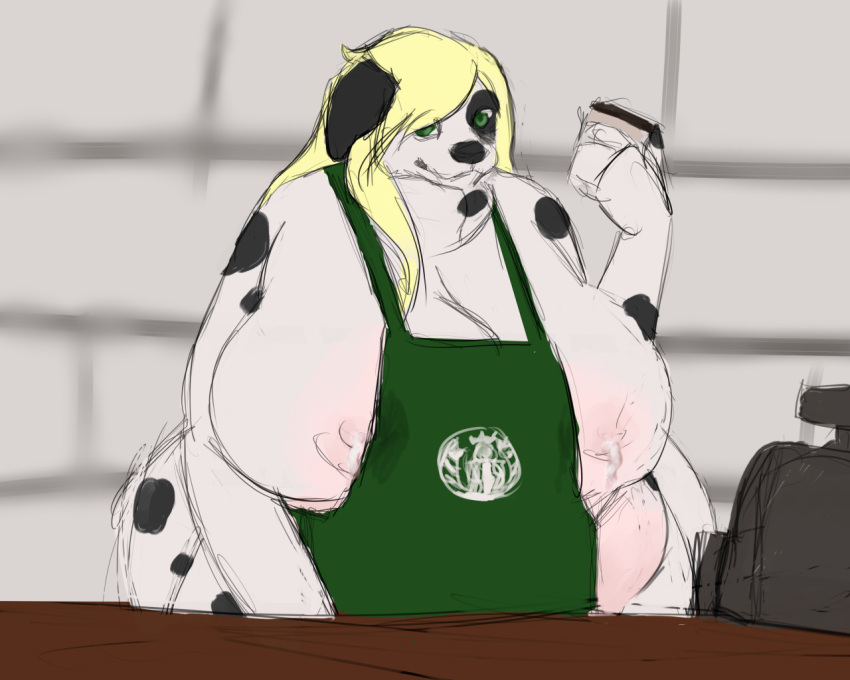 5:4 anthro apron apron_only blonde_hair bodily_fluids canid canine canis cashier clothing dalmatian domestic_dog female green_apron hair i_mean_breast_milk lactating mammal mature_female meme milk mostly_nude obese obese_female overweight overweight_female public scorchwind58 solo starbucks