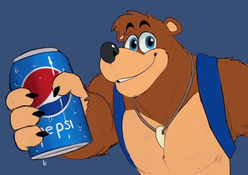 4_fingers anthro backpack banjo-kazooie banjo_(banjo-kazooie) beverage beverage_can biped blue_background blue_eyes brown_body brown_fur can claws container dinonugget_bird finger_claws fingers fur hi_res holding_beverage holding_can holding_container holding_object looking_at_viewer male mammal pepsi rareware simple_background smile solo tooth_necklace ursid video_games