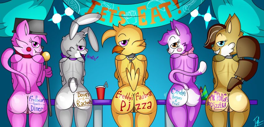2021 absurd_res animatronic anthro avian big_butt bird breasts butt chica_(fnaf) chicken cindy_(fnac) clothing domestic_cat fangame felid feline felis female five_nights_at_candy's five_nights_at_freddy's galliform gallus_(genus) genitals group group_sex hat headgear headwear hi_res humanoid jolly_(game) kitty_fazkat lagomorph lechugansfw leporid licking machine mammal narrowed_eyes phasianid popgoes presenting presenting_hindquarters pussy rabbit rachel_the_rabbit_(tnar) ribbons robot rodent sara_the_squirrel sciurid sex simple_background the_return_to_freddy's those_nights_at_rachel's tongue tongue_out tree_squirrel video_games