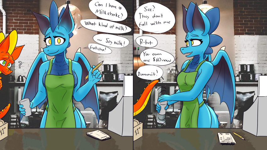 16:9 4k absurd_res anthro apron apron_only blue_body blue_skin clothing coffee_shop dialogue dragon duo english_text female green_apron hi_res i_mean_breast_milk laspyke male meme mostly_nude scalie speech_bubble spyke_(mreidu) text widescreen wings