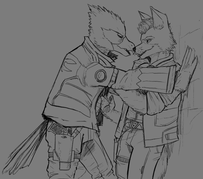 against_surface against_wall anthro avian beak belt bird bottomwear canid canine canis clothing duo falco_lombardi feathers fox fox_mccloud gun holster holstered_pistol incoming_kiss jacket kabedon male male/male mammal mattbyles monochrome nintendo pants paws ranged_weapon simple_background star_fox topwear video_games wall_(structure) weapon whiskers