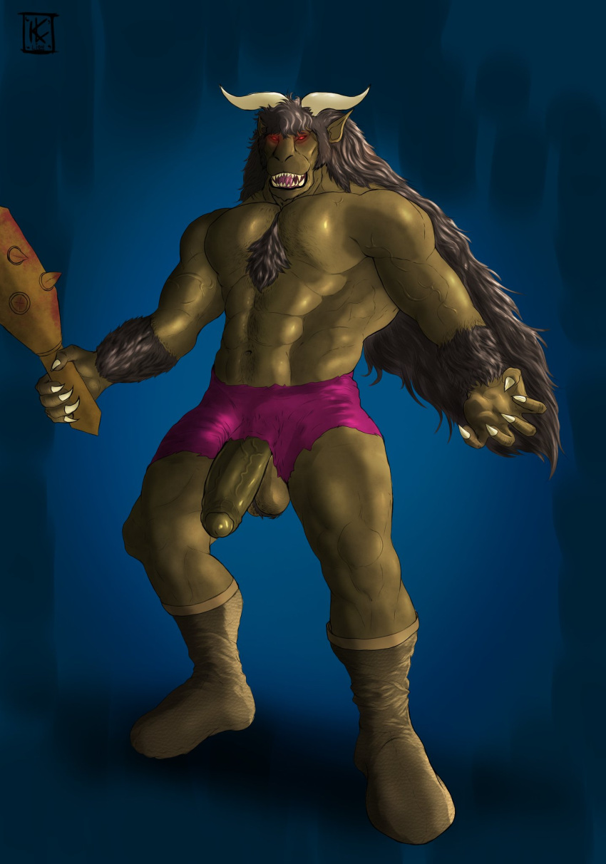 balls chest_tuft claws club_(weapon) duel_monster foreskin genitals hair hi_res horn humanoid humanoid_genitalia humanoid_penis kirlanlion long_hair male melee_weapon monster muscular penis solo swamp_battleguard tuft weapon yu-gi-oh