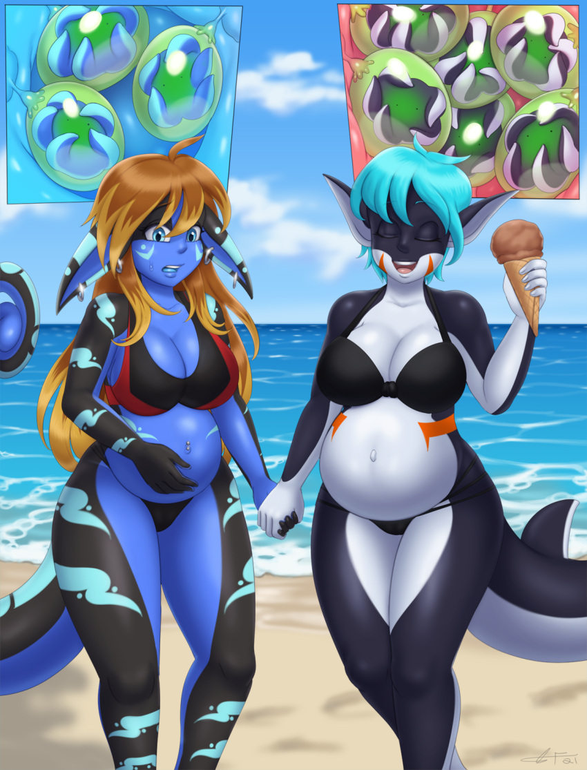 anthro beach belly big_belly bikini black_body blonde_hair blue_body blue_eyes blue_hair breasts cetacean clothing delphinoid dessert duo ear_piercing ear_ring female female/female food hair hi_res humanoid_face ice_cream internal lizard mammal marine navel navel_piercing non-mammal_breasts oceanic_dolphin open_mouth piercing pregnant quesi reptile scalie seaside slimefur stripes swimwear toothed_whale zea_(character)