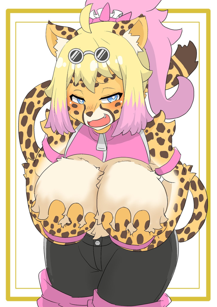 2021 ahoge anthro belly_tuft black_bottomwear black_clothing blonde_hair blue_eyes blush bottomwear breast_tuft breasts cheetah clothed clothing covering covering_breasts dipstick_tail elbow_tuft eyewear felid feline female front_view fur fur_tuft hair hand_on_breast hi_res holding_breast inner_ear_fluff iris looking_at_viewer mammal markings multicolored_hair multicolored_tail nishiki_(artist) open_mouth pink_clothing pupils shoulder_tuft solo spots spotted_body spotted_ears spotted_fur spotted_markings spotted_tail tail_markings tuft two_tone_hair white_pupils zipper