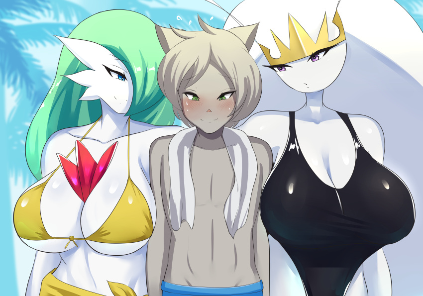 absurd_res animal_humanoid anthro big_breasts bikini bikini_top black_clothing blue_clothing blue_eyes blush blush_lines breasts cat_humanoid clothing felid felid_humanoid feline feline_humanoid female fur gardevoir gold_clothing green_eyes green_hair grey_body grey_fur grey_hair group gwen_the_gardevoir hair henrietta_(dtklonoa) hi_res huge_breasts humanoid kou_(dtklonoa) larger_female looking_aside looking_away looking_down male male/female mammal mammal_humanoid navel nintendo one-piece_swimsuit pheromosa pok&eacute;mon pok&eacute;mon_(species) purple_eyes sana!rpg size_difference smaller_male smile swimwear toned_body towel towel_around_neck ultra_beast video_games white_body