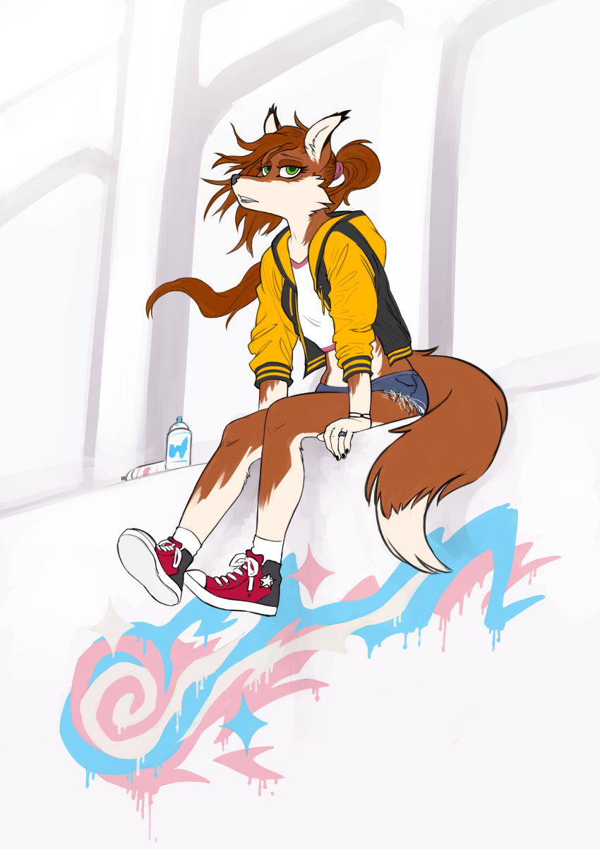 absurd_res anthro clothing female footwear graffiti hair halley_maxwell hi_res hobbes_maxwell letterman_jacket lgbt_pride ponytail pride_colors shoes sneakers solo trans_(lore) trans_woman_(lore) transgender_pride_colors